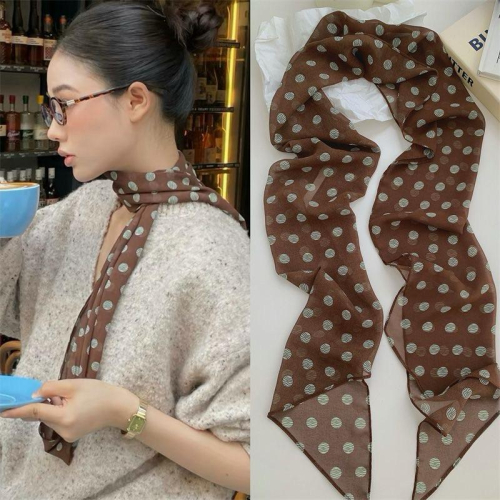 ??????｜隔日到貨｜棕色法式復古波點絲巾印花高級脖女氣質新款領巾百搭發帶長條圍巾