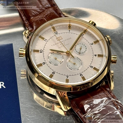 TommyHilfiger:手錶,型號:TH00063,男錶44mm玫瑰金錶殼白色錶面真皮皮革錶帶款