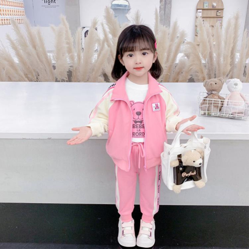 寶貝童裝女童春裝套裝春季正韓洋氣時髦2女寶寶長袖小熊針織外套兒童春款3