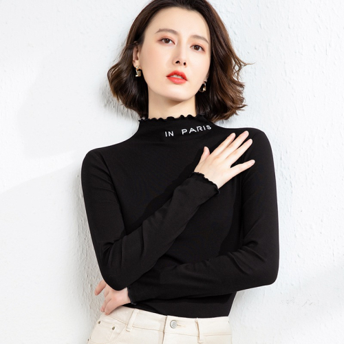 黑色莫代爾半高領打底衫女內搭春秋年新款木耳邊設計感上衣服