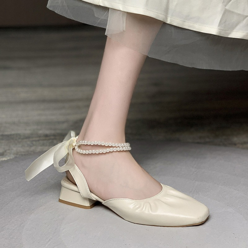 2021款包頭溫柔涼鞋中跟方頭仙女綁帶粗跟婚鞋夏季女珍珠單鞋低跟