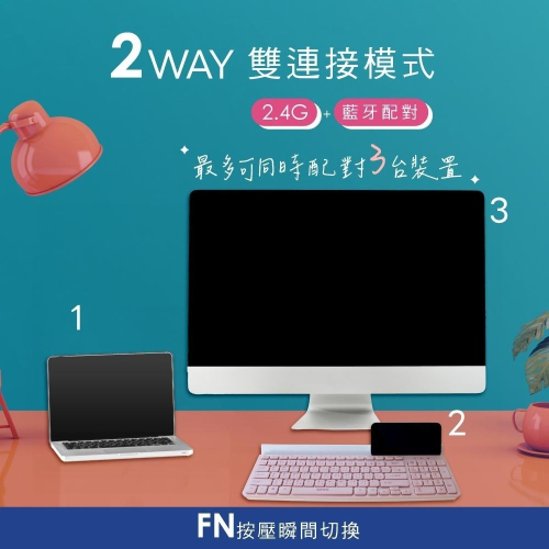 含稅全新原廠保固一年可超取KINYO馬卡龍色藍牙+2.4G雙模式多媒體熱鍵代置物槽無線鍵盤(GKB-362)