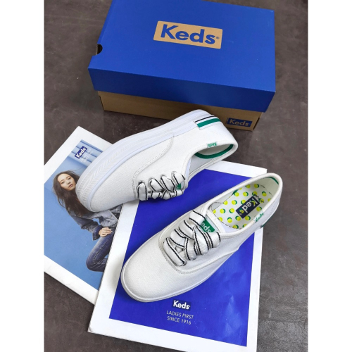 ￼限時特價Keds新款帆布鬆糕鞋綠標小白鞋撞色綠色尾女時尚休閒鞋 厚底鞋運動鞋 小白鞋 婚鞋