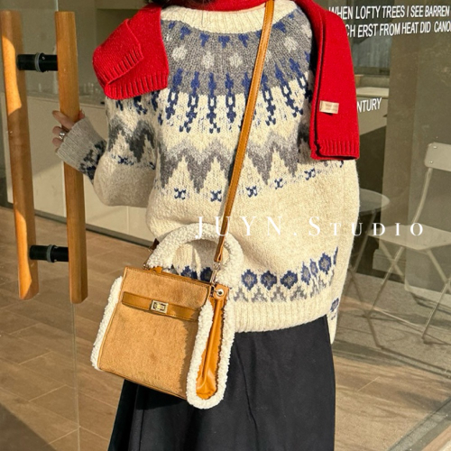 復古麂皮羊羔毛方包 大方包 斜背包 肩背包 手提包 女包 斜跨包 通勤包 大容量