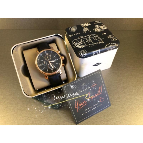 【 fossil 玫瑰金框 黑底黑錶帶 男錶 】