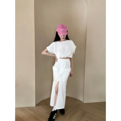 【Aries.shop】實拍【預購】my落肩短版上衣+ 立體口袋開杈棉裙套裝 女裝