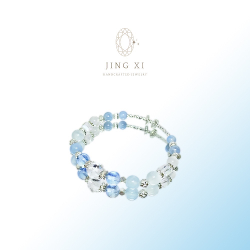 【晶喜水晶 Jing Xi】蔚藍雲朵 水晶手鍊 海藍寶 月光石 鑽切白水晶 設計款