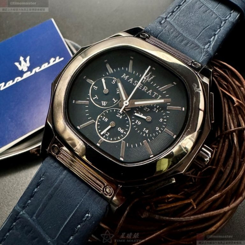MASERATI手錶,編號R8851116001,46mm槍灰色錶殼,寶藍錶帶款