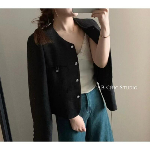 氣質小香風外套 黑色/杏色 #1022