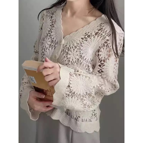 日系新款單排扣V領有彈性顯瘦女優雅純棉針織鉤花外套