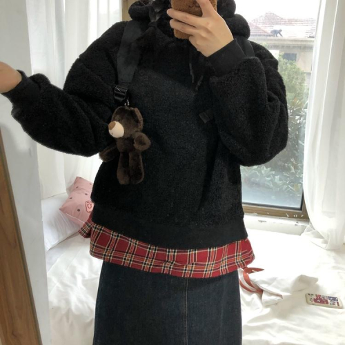 現貨?猫日屋?毛毛泰迪熊羊羔絨拼接格紋可愛寬鬆帽T