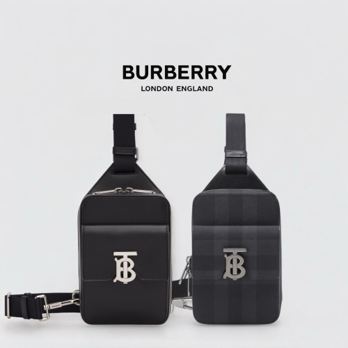 ?Burberry 黑色拋光皮革TB金屬字樣小袋｜黑色｜炭灰格紋｜手機包｜輕便小包｜隨行包｜斜肩包｜肩揹包｜再生皮革