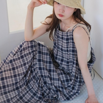 Kastane 分層格紋吊帶背心連衣裙