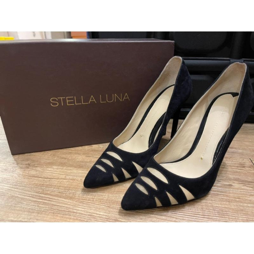 ［全新放置品］Stella Luna正品黑色麂皮網面典雅氣質真皮尖頭高跟鞋38號 婚鞋宴會鞋