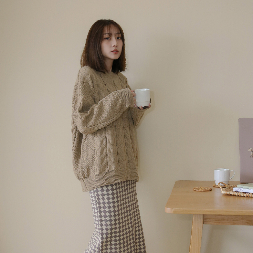 【Our Studio】冬日慵懶感寬鬆麻花毛衣 可可色(現貨)
