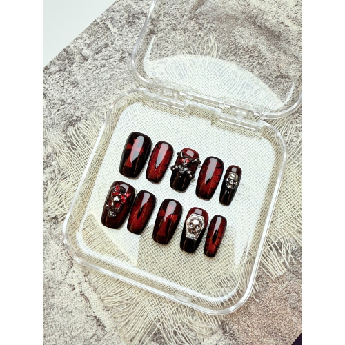 【骷髏穿戴甲】穿戴甲 可拆卸甲片 美甲片 紅黑 手繪 手工 貓眼 杏仁甲 紅寶石 y2k 骷髏 可訂製 附工具包 免運