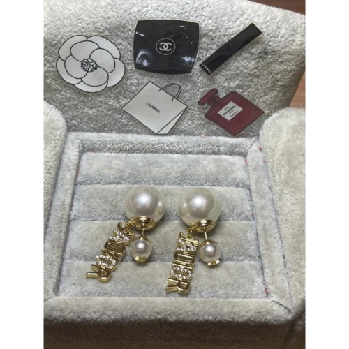 DIOR 超美 金色 雙珍珠 JADIOR 字母 垂墜 二手 水鑽 耳環