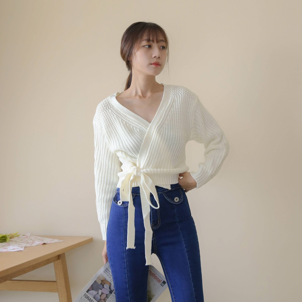 【Our Studio】秋冬寬鬆小性感粗針織綁帶上衣 米白色 香芋紫色 檸檬黃色 黑色(現貨)