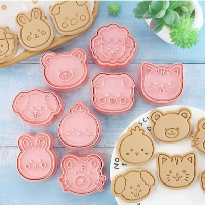 ▪8件組▪小老虎餅乾模/饅頭飯糰模具/月餅模/ 小動物頭像塑料按壓式曲奇餅乾模