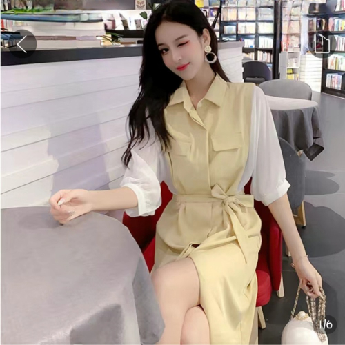 ＃拼色甜美連衣裙女夏2022新款韓版氣質系帶收腰顯瘦中長款連衣裙