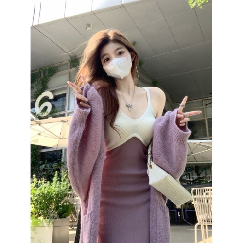 La Maison氣質奶香芋細肩撞色吊帶連身洋裝+長版針織寬袖罩衫外套