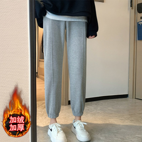 加絨加厚灰色運動褲女秋冬高腰顯瘦休閑衛褲百搭九分束腳褲子