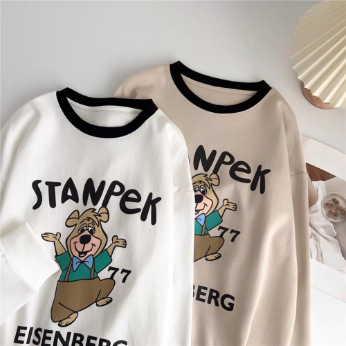 奈看服飾/ 偶爾也要這麼可愛~有厚度可愛精呆呆熊撞色正奶茶顯白秋冬長袖 二色 T恤 長袖 圓領長袖