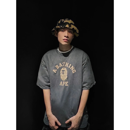 Bape 仿舊裂紋猿人頭字母Logo印花 復古水洗短袖T恤 男女同款