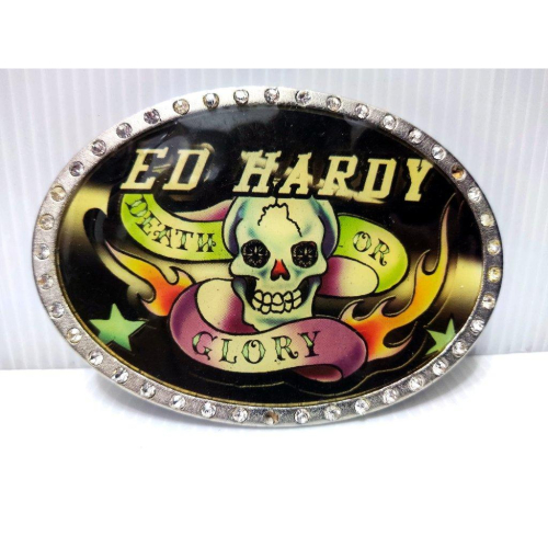 賠售出清【美國潮牌ED HARDY】死亡榮耀火焰骷髏 巨型 金屬圓盾 閃亮水鑽 皮帶頭 可搭配任何扣式皮帶身使用