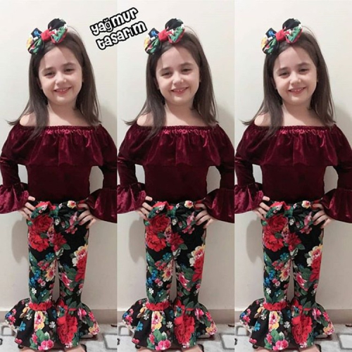 歐美新款8歲上學送禮A套裝春季女童長袖一字衣印花花邊長褲低價