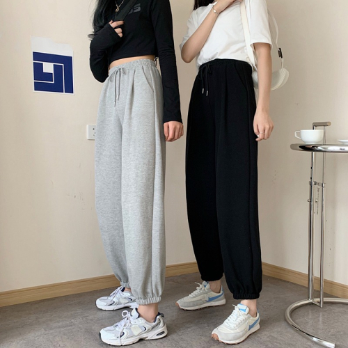 秋季韓版2022年新款大碼胖mm高腰束腳運動褲女直筒寬松蘿卜休閑褲