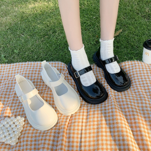厚底白色圓頭瑪麗珍單鞋女2021春款復古中高跟日系jk小皮鞋英倫風