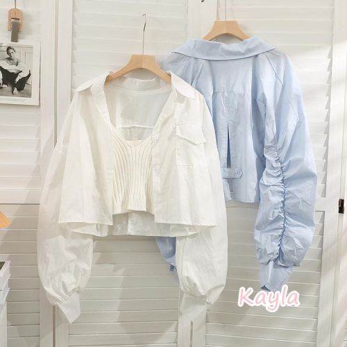 現貨⚡免運⚡絕版下殺? 抓皺手袖襯衫+吊帶針織背心2件組 A1003 #Kayla.girl #少女愷拉 #實穿