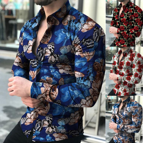 歐碼3d襯衫寬松大碼男式襯衣時尚花朵數碼印花長袖大碼襯衫男