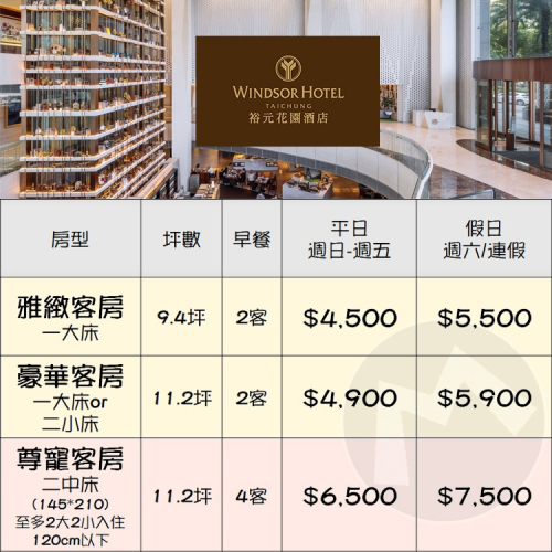 五星級質感舒適(瑪利歐2台中指標性)裕元花園五星酒店『各房型住宿+自助早餐+溫水泳池+三溫暖+設施』各房型