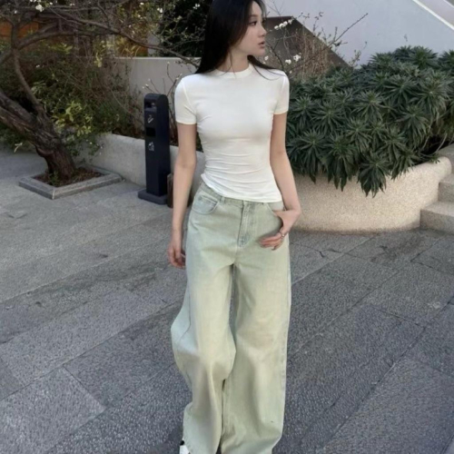 ??????｜小個子淺藍色闊腿牛仔褲女潮流穿搭高腰顯瘦寬松直筒垂感拖地褲子