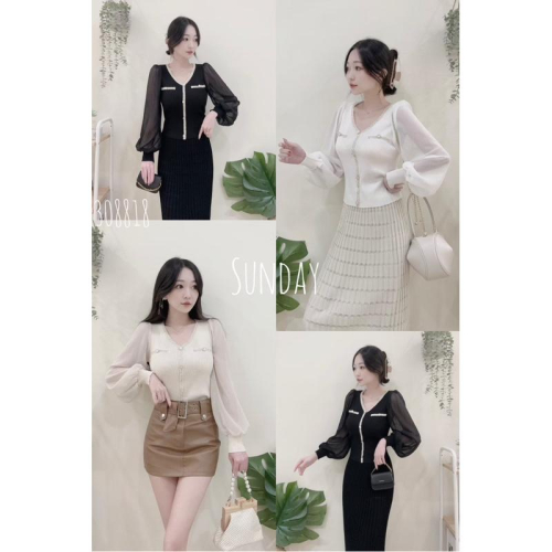 ???現貨秒出 浪漫小香毛尼滾邊紗袖上衣 杏/白/黑