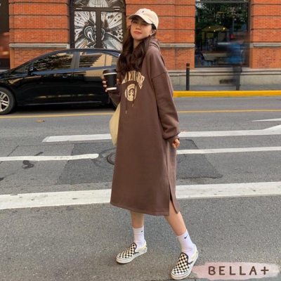 BELLA+?加絨加厚大尺碼OVERSIZE長款寬鬆連帽連衣裙帽T洋裝加厚台灣現貨