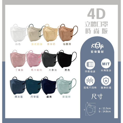 宏瑋 4D立體口罩時尚版 韓系 魚嘴口罩 成人醫療用口罩(10片) 立體貼合臉型 四層過濾結構 100%台灣製造