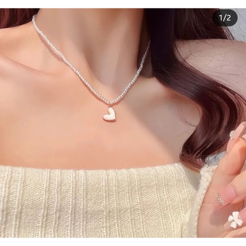 ♡珍珠項鍊輕奢小眾高級設計感貝母愛心鎖骨鏈♡