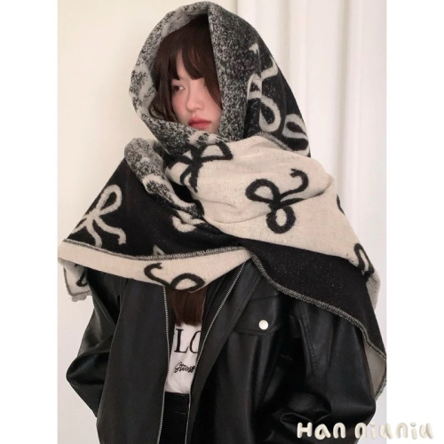 HANNIU_保暖必備⭐️顏值超高的 漸層閃耀蝴蝶結造型➕加厚針織圍巾/ 可當披肩