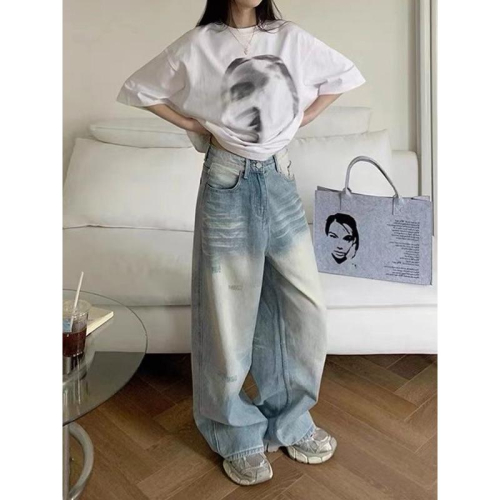 ??????｜淺藍美式街頭水洗直筒牛仔褲女春夏新款寬松高腰做舊磨白闊腿褲子