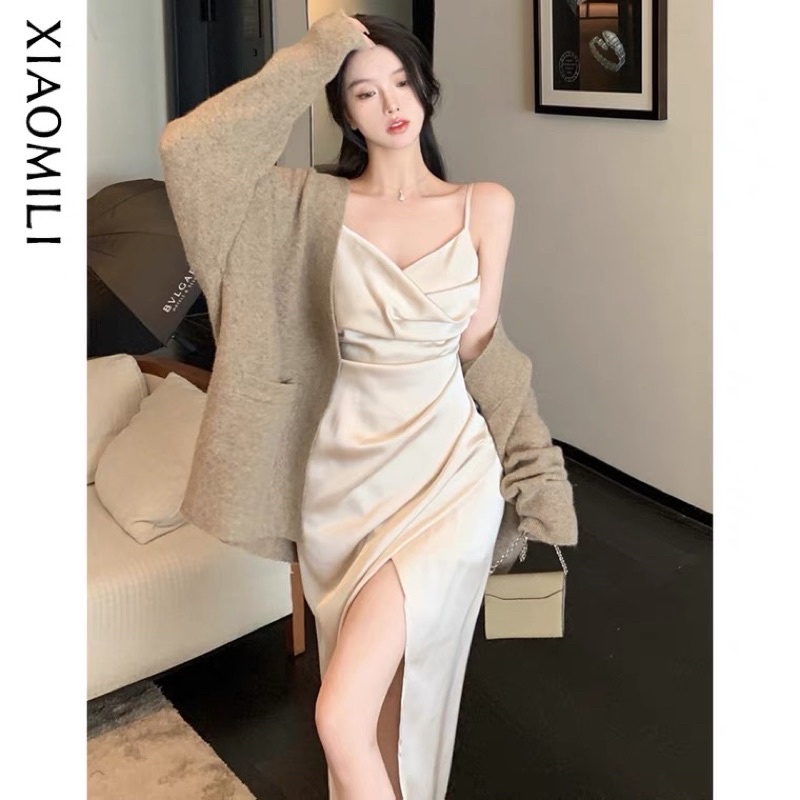 ❤️現貨在台，S- XL 中大尺碼 法式 緞面 細肩帶 吊帶 連衣裙 高質感 設計感 別緻 禮服 長裙
