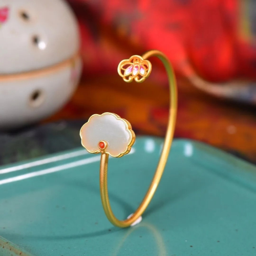 鑲仿和田玉白玉古法金如意琺瑯荷花手鐲搭配漢服簡約氣質女款式