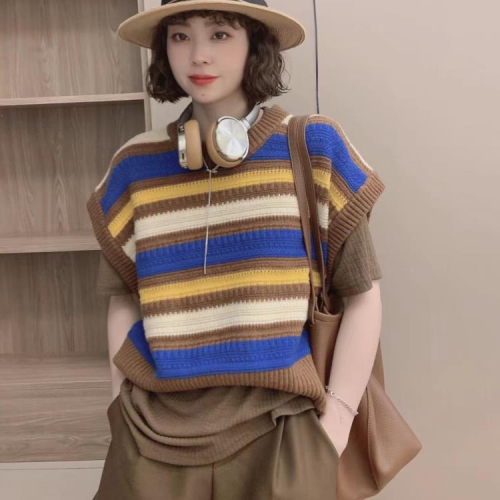 DearGod正韓女裝歐洲站2022秋季新款圓領落肩藍咖條紋拼色寬松套頭羊毛背心馬甲女