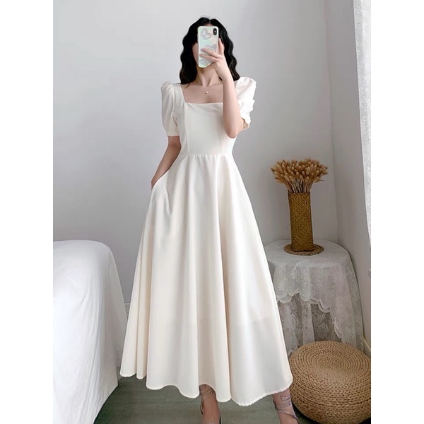 ❤️現貨在台，白S- 2XL 中大尺碼 短袖 法式 白色 連衣裙 伴娘 婚宴 方領 仙女 禮服 修身 氣質 顯瘦 長裙