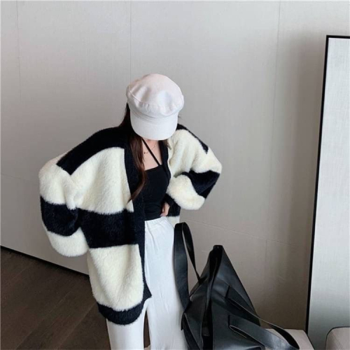 溫柔寬條紋海馬毛絨外套