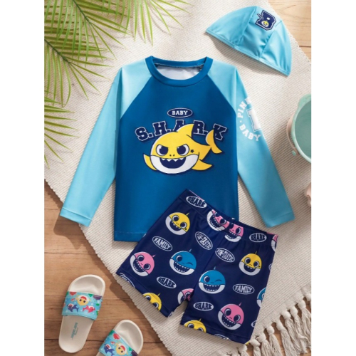 正版聯名 鯊魚寶寶 BABY SHARK 卡通鯊魚男童圓字領長袖上衣泳衣泳褲泳帽三件組