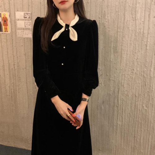 DearGod正韓女裝韓國chic早秋法式赫本風氣質系帶拼色收腰蝴蝶結長款絲絨連身裙女