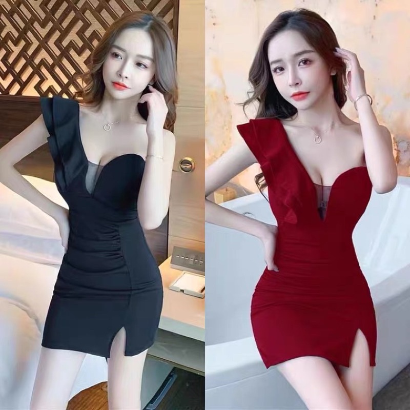 ❤️現貨在台，酒紅L 性感 女神 夜店 斜肩 單肩 低胸 修身 顯瘦 包臀 禮服 透紗 抹胸 v領 洋裝 連衣裙